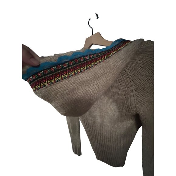 Free People Beige Wool Hooded Sweater With Embroidered Trim & Ornate Floral Butt - Picture 5 of 5